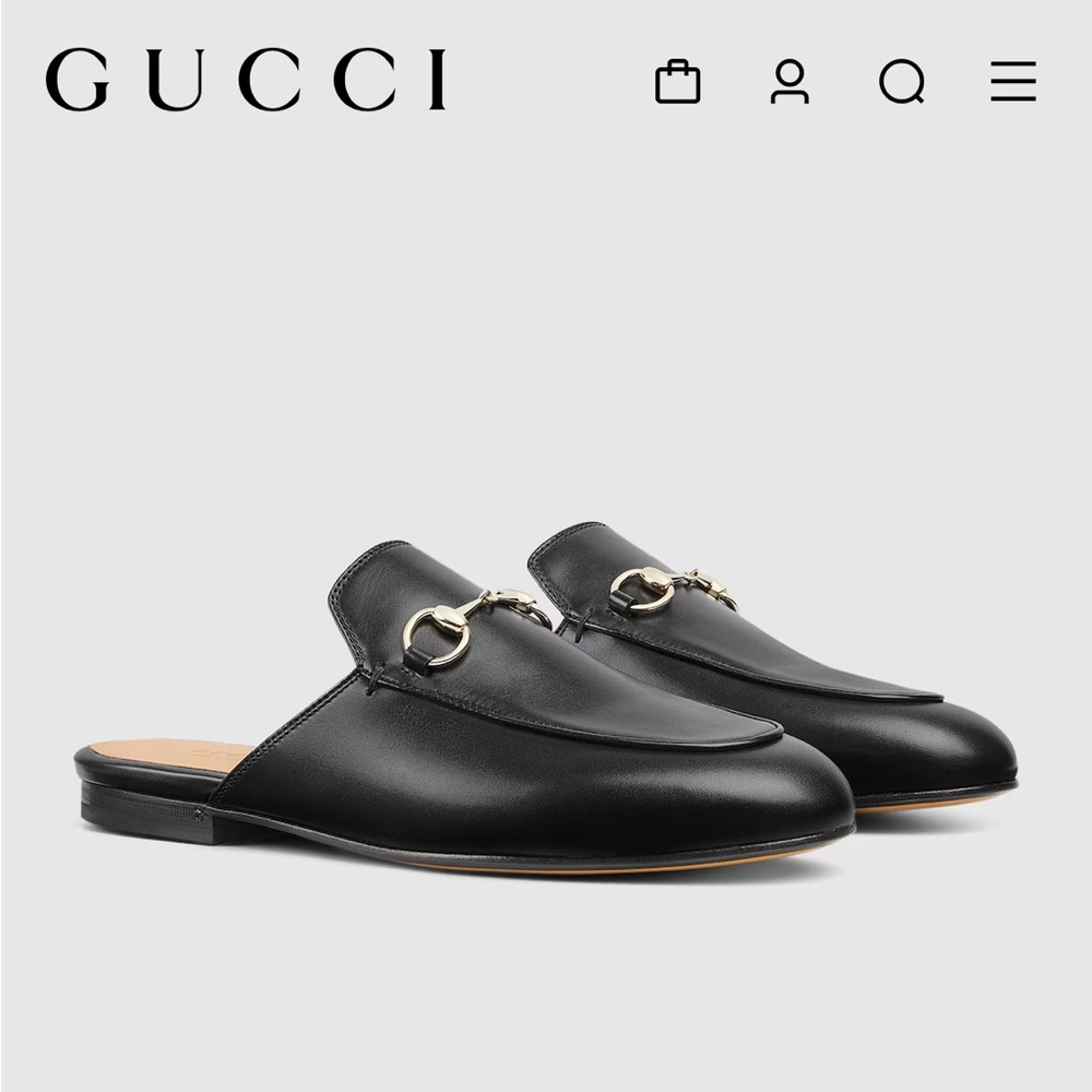 Gucci Princetown Black Leather Slip-On Loafers with Gold Detail